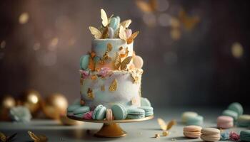 Luxury chocolate cake with almond decoration indoors generated by AI photo