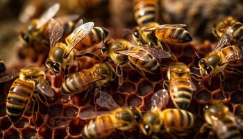 Busy honey bees working in crowded colony generated by AI photo