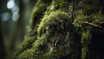 Green leaves on wet tree trunk in forest generated by AI photo