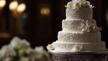 Luxury wedding cake with ornate decoration and chocolate generated by AI photo