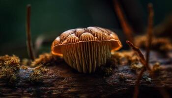 Fresh fly agaric mushroom cap in forest foliage generated by AI photo