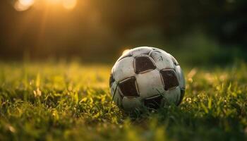 jugando fútbol en verde césped debajo luz de sol generado por ai foto