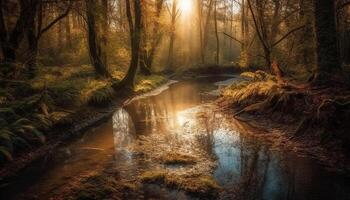 Tranquil scene of autumn forest by pond generated by AI photo