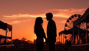 silueta Pareja abraza en romántico puesta de sol momento generado por ai foto