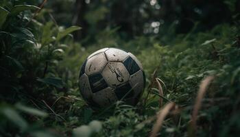 jugando fútbol en verde césped en verano generado por ai foto