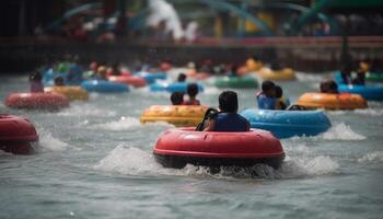 alegre niños corredizo en inflable balsa, salpicaduras agua generado por ai foto