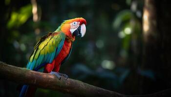 vibrante guacamayo encaramado en rama en selva generado por ai foto