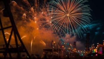 brillante fuegos artificiales encender noche cielo con color generado por ai foto