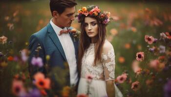 Young couple embraces in nature on wedding day generated by AI photo