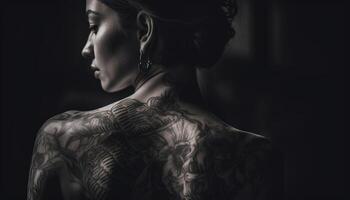 Dark elegance young woman sensuality and tattoo generated by AI photo
