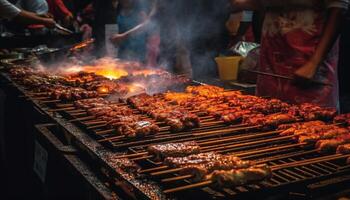 Grilled meat on metal plate, glowing flame generated by AI photo