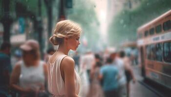 Smiling young adults enjoy city life outdoors generated by AI photo