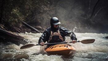 Caucasian athlete paddles canoe through rapid water generated by AI photo