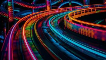 borroso movimiento, velocidad, y vibrante colores encender ciudad la vida nocturna generado por ai foto