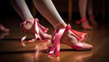 Ballet dancer tying satin shoe for performance generated by AI photo