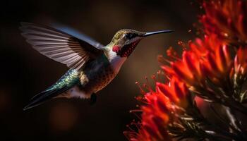 Hummingbird hovering, multi colored feathers, pollinating a flower generated by AI photo