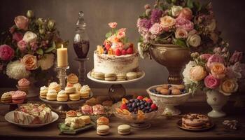 gastrónomo postre mesa con hecho en casa pasteles y magdalenas generado por ai foto