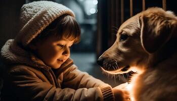 sonriente niño abraza juguetón perrito en invierno generado por ai foto