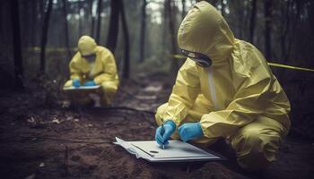 Two scientists in yellow workwear analyzing pollution generated by AI photo