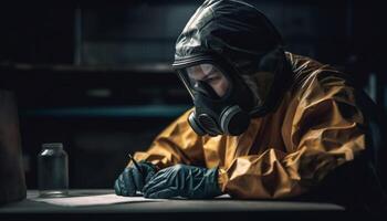 Caucasian scientist in protective workwear conducts experiment generated by AI photo