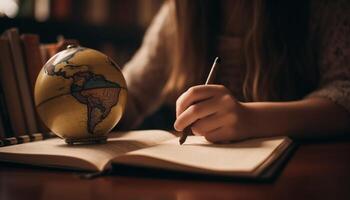 Cute girl studying geography, surrounded by literature generated by AI photo