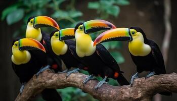 Vibrant toucan perched on branch in rainforest generated by AI photo