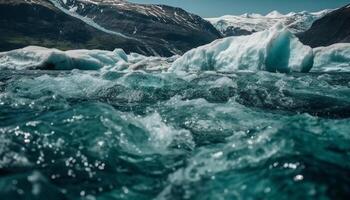 Floating on turquoise water, majestic mountain peak generated by AI photo