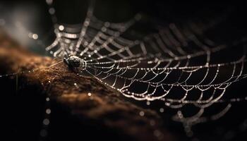 araña giros web, Rocío gotas relucir en naturaleza generado por ai foto