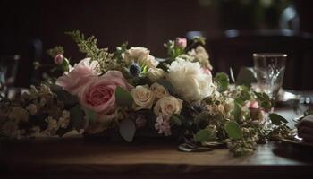 Elegant flower arrangement on wooden table centerpiece generated by AI photo