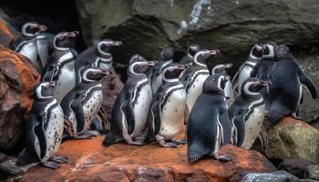 Waddling penguins explore nature coastline in Africa generated by AI photo