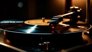 Spinning turntable mixes nightlife at electric nightclub generated by AI photo