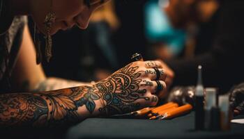 joven adulto artista tatuajes con creatividad y habilidad generado por ai foto