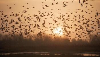 Silhouette of large animal flying at sunset generated by AI photo