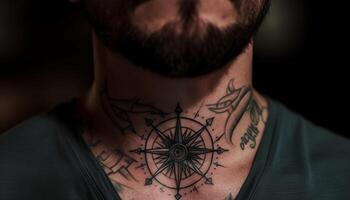 barbado hombre tatuado mano sostiene creativo obra de arte generado por ai foto