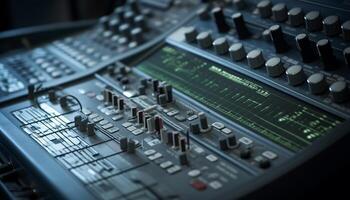 Sound engineer adjusting knobs on mixing equipment generated by AI photo