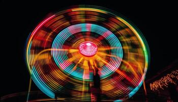 Spinning carnival wheel ignites vibrant glowing colors generated by AI photo