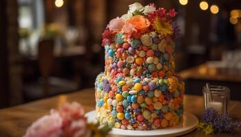 Multi colored wedding cake with fresh fruit decoration generated by AI photo