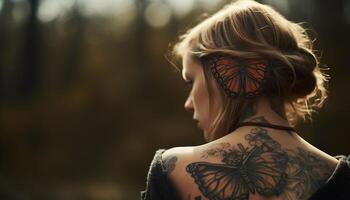 uno hermosa mujer con tatuaje en naturaleza generado por ai foto