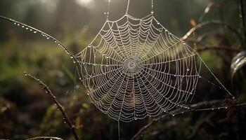 Spooky spider web captures dew drop sphere generated by AI photo