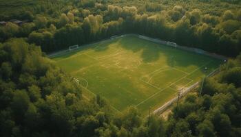 Green meadow, tree, and forest in aerial view generated by AI photo