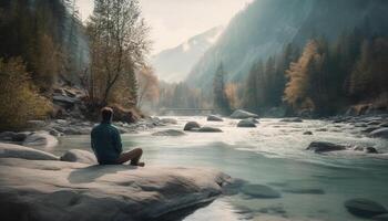 One person meditating in serene autumn forest generated by AI photo
