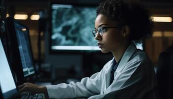 Young businesswoman typing on computer with expertise generated by AI photo