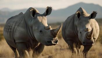 White rhinoceros grazing in African wilderness area generated by AI photo