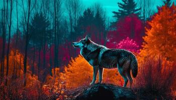 Majestic gray wolf standing in tranquil wilderness generated by AI photo