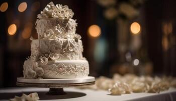 Indulgent wedding cake, chocolate and candlelight elegance generated by AI photo