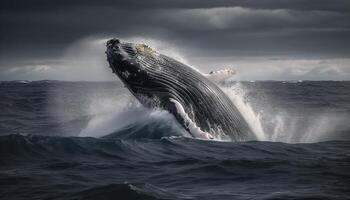 Majestic humpback breaches, spraying awe inspiring beauty generated by AI photo