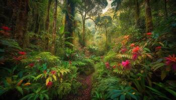 Vibrant foliage on tranquil forest footpath adventure generated by AI photo