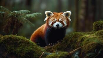 Cute young panda looking at camera outdoors generated by AI photo