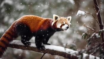 Cute red panda sitting on snowy branch generated by AI photo