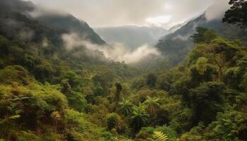 Green trees, foggy mountain, tranquil nature scene generated by AI photo